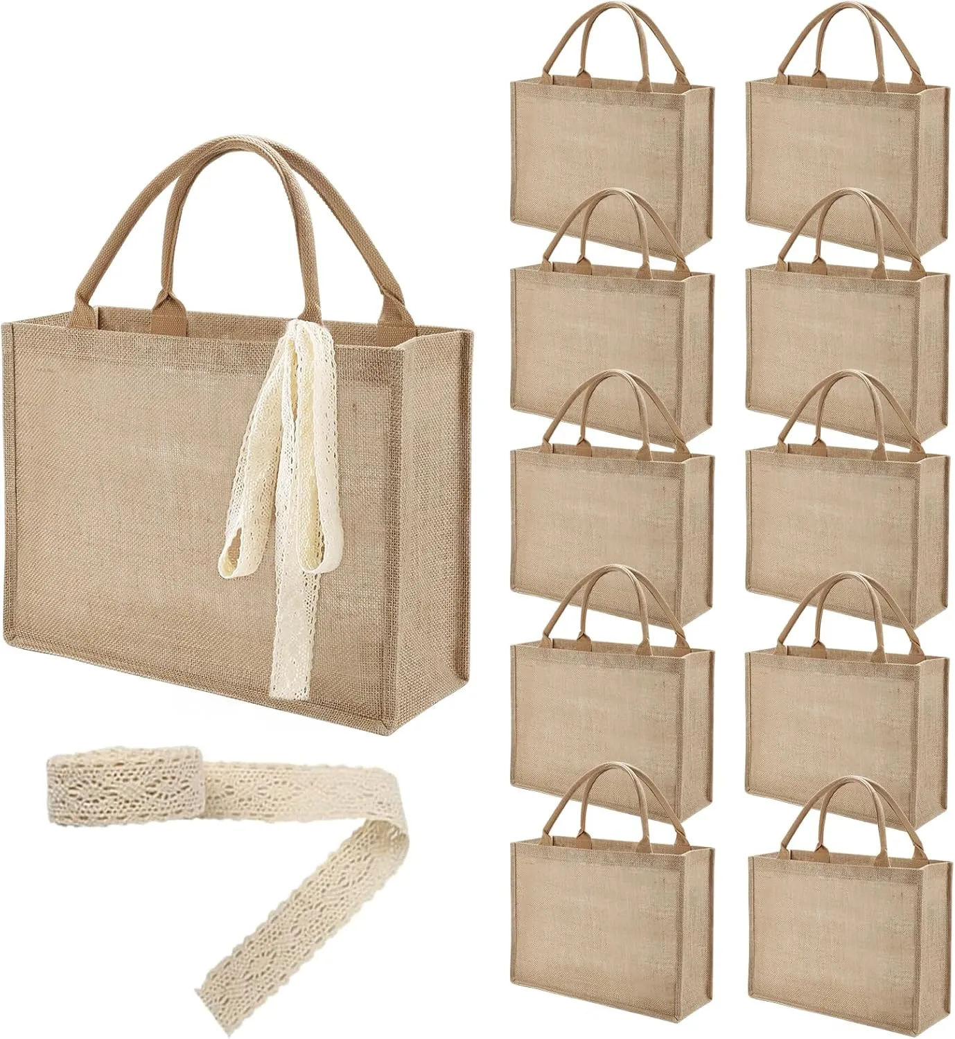 10 Pack Large Burlap Tote Bags Bulk, Reusable Jute Tote Bag with 10Yd Ribbon Blank Burlap Gift Bag with Handle Waterproof Beach Tote Bag for Shopping Bridesmaid Gift Bag 15.3'' x 12.2'' x 5.9''