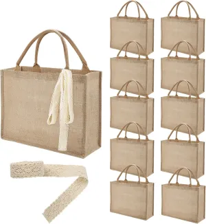 10 Pack Large Burlap Tote Bags Bulk, Reusable Jute Tote Bag with 10Yd Ribbon Blank Burlap Gift Bag with Handle Waterproof Beach Tote Bag for Shopping Bridesmaid Gift Bag 15.3'' x 12.2'' x 5.9''