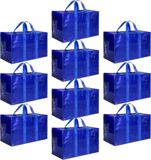 10 Pack Oversized Heavy Duty Moving Bags with Surround Carrying Handles, Lid & Zippers, Extra Large Storage Tote Moving Boxes for Space Saving, Blue