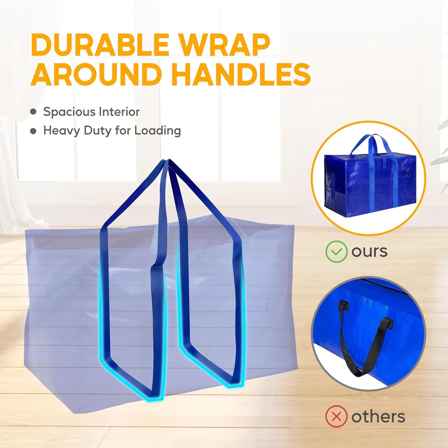 10 Pack Oversized Heavy Duty Moving Bags with Surround Carrying Handles, Lid & Zippers, Extra Large Storage Tote Moving Boxes for Space Saving, Blue