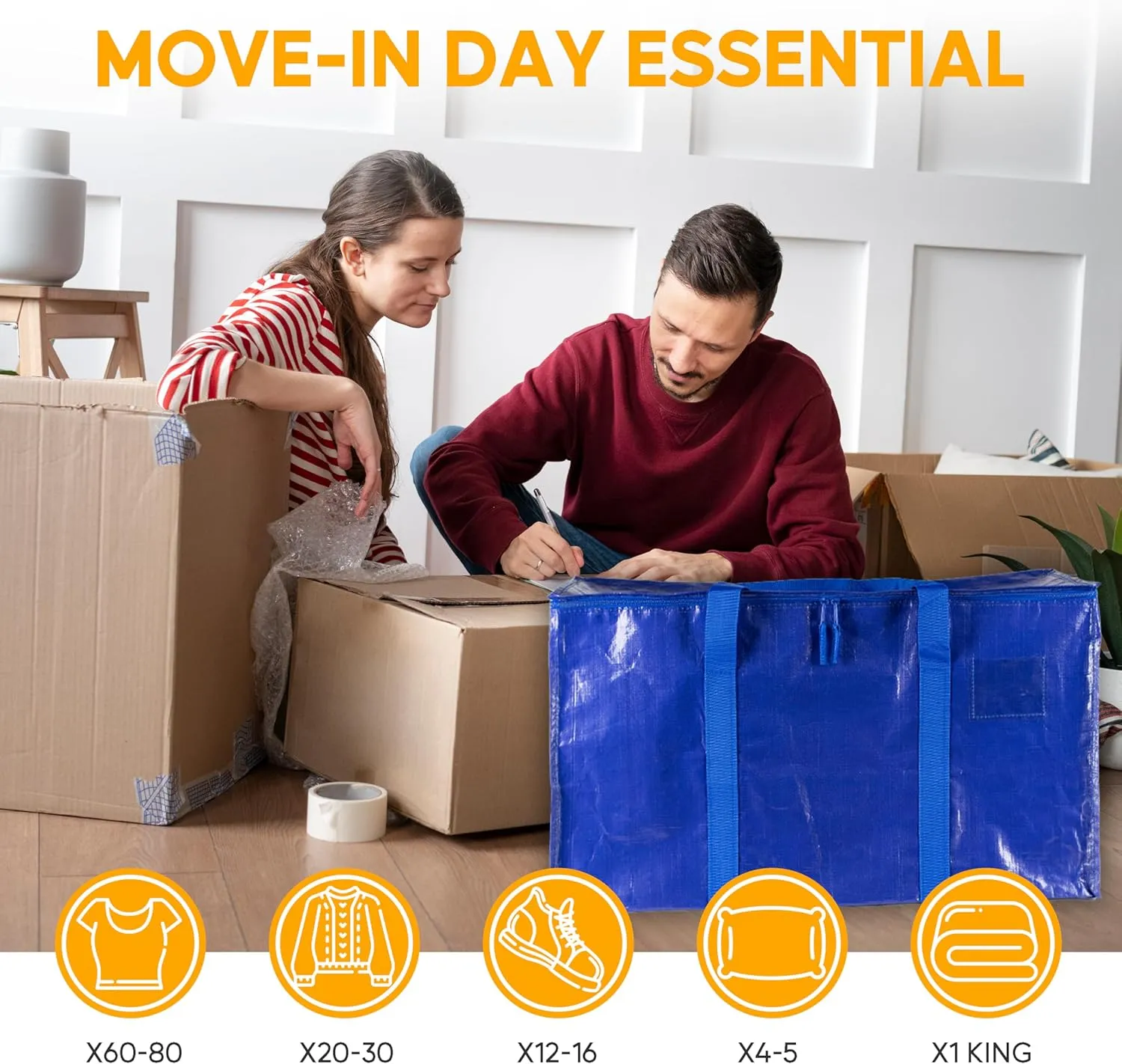 10 Pack Oversized Heavy Duty Moving Bags with Surround Carrying Handles, Lid & Zippers, Extra Large Storage Tote Moving Boxes for Space Saving, Blue