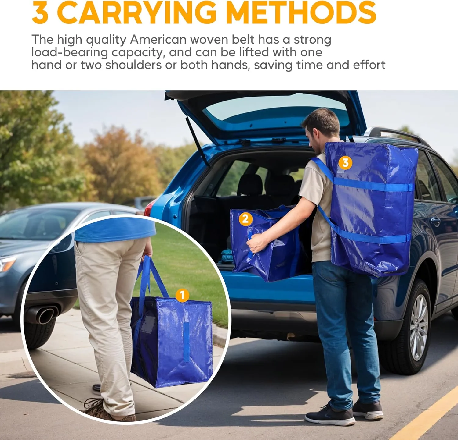 10 Pack Oversized Heavy Duty Moving Bags with Surround Carrying Handles, Lid & Zippers, Extra Large Storage Tote Moving Boxes for Space Saving, Blue