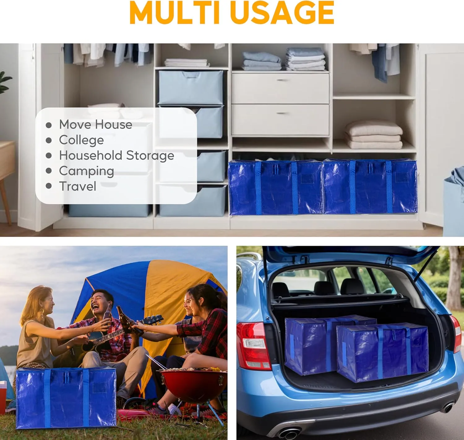 10 Pack Oversized Heavy Duty Moving Bags with Surround Carrying Handles, Lid & Zippers, Extra Large Storage Tote Moving Boxes for Space Saving, Blue