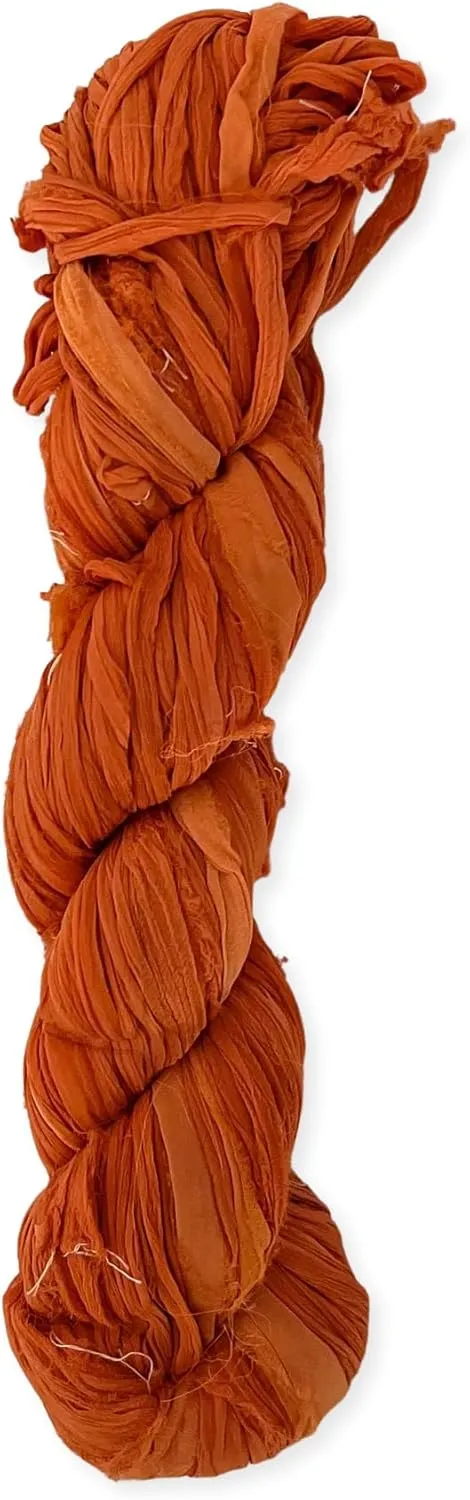 100% Recycled Saree (Sari) Silk Ribbon Yarn - Bulky Weight - 50 Yards per 100 Grams | Knitting & Crocheting | Jewelry Making, Gift Wrapping and Weaving (Burnt Sienna Orange Mix)