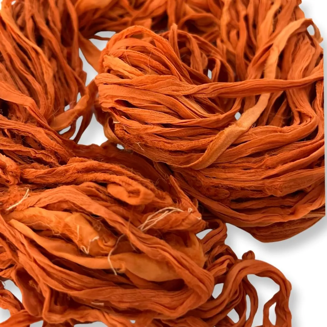 100% Recycled Saree (Sari) Silk Ribbon Yarn - Bulky Weight - 50 Yards per 100 Grams | Knitting & Crocheting | Jewelry Making, Gift Wrapping and Weaving (Burnt Sienna Orange Mix)