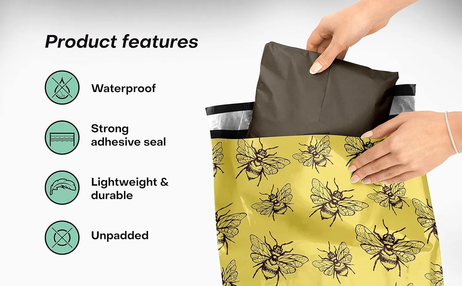 10x13 Poly Mailers – Honey Bee – Waterproof, Tear-Resistant Shipping Bags with Adhesive Seal – 100 Pack – Package Mint