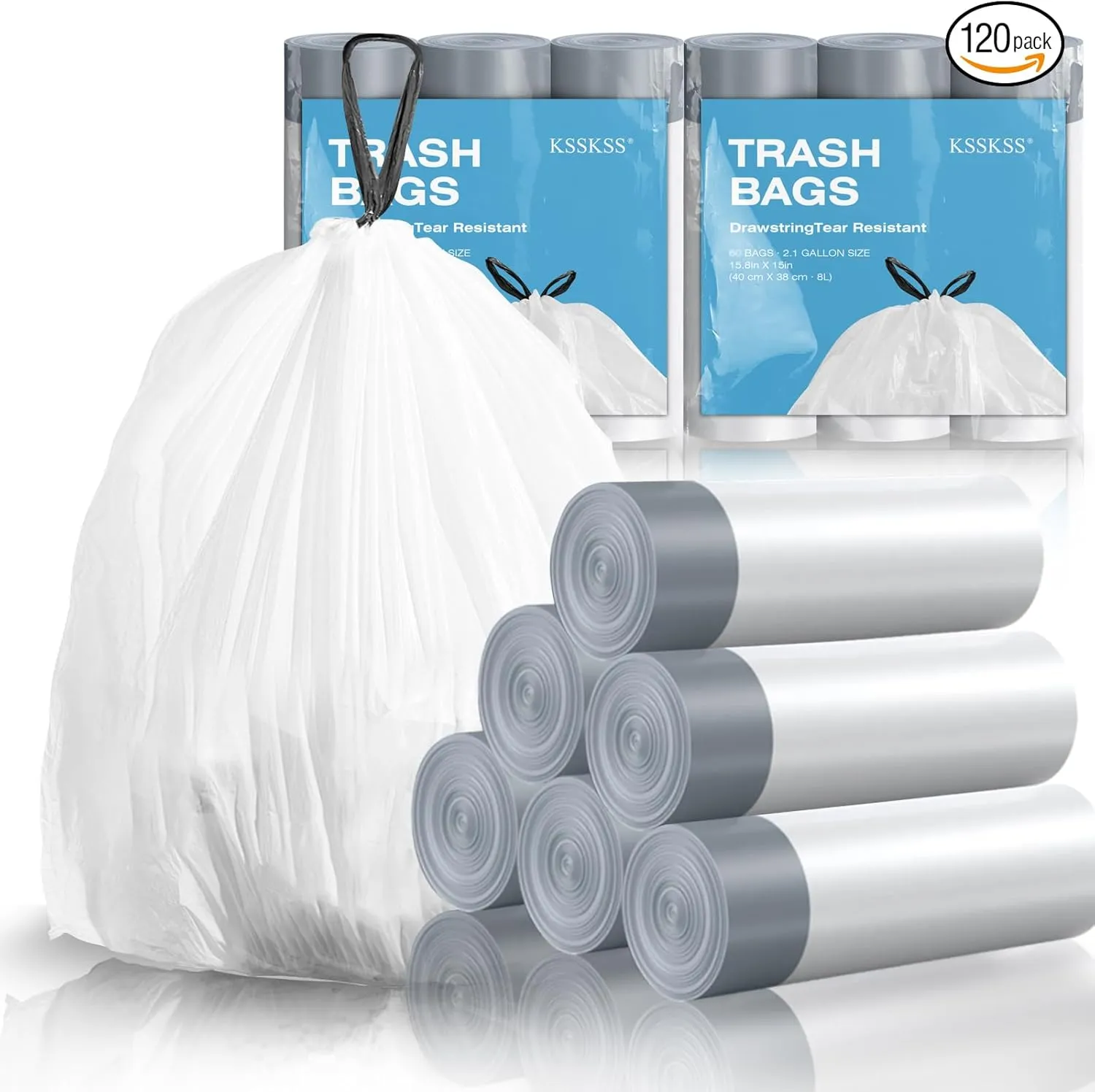 120 Counts 1.6 Gallon Mini Drawstring Trash Bags, Small Garbage Bags by KSSKSS, Code a fit 4.5-8 Liter, 1.2-2 Gal, White Trash Bin Liners for Home Office Kitchen Bathroom Bedroom
