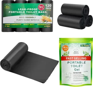 120 Portable Toilet Bags with 10 Large Pack Poo Gel, 8 Gallon Biodegradable Durable Leak-proof Toilet Trash Bags for Bucket Toilet, Compostable Waste Bags for Outdoor, Travel, RV, Car
