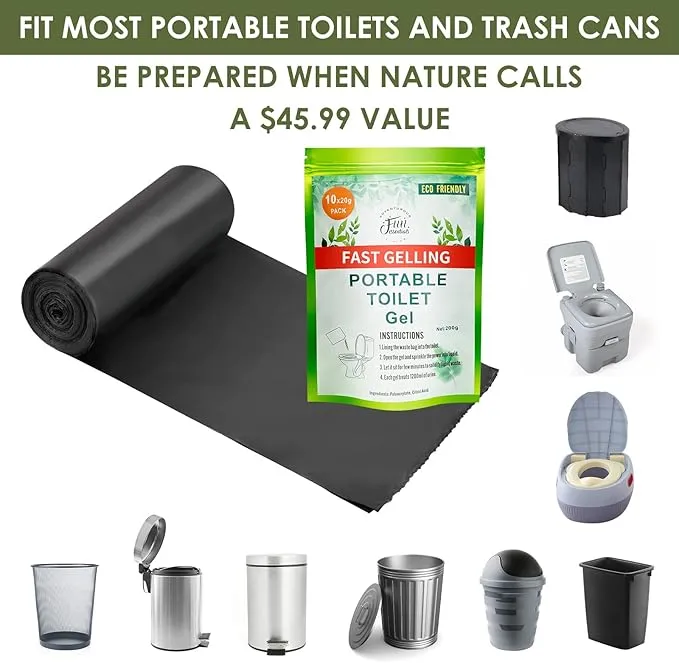 120 Portable Toilet Bags with 10 Large Pack Poo Gel, 8 Gallon Biodegradable Durable Leak-proof Toilet Trash Bags for Bucket Toilet, Compostable Waste Bags for Outdoor, Travel, RV, Car