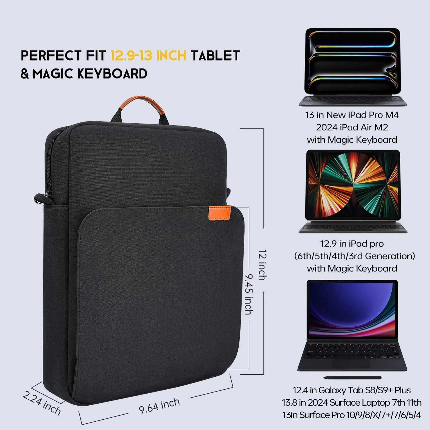 12.9 13 inch iPad Pro Sleeve Case Shoulder Bag for 13-inch iPad Pro M4 & iPad Air M2 M3(2025) Magic Keyboard, iPad Pro 12.9-in, Water-Resistant Tablet Carrying Handle Bag -Black