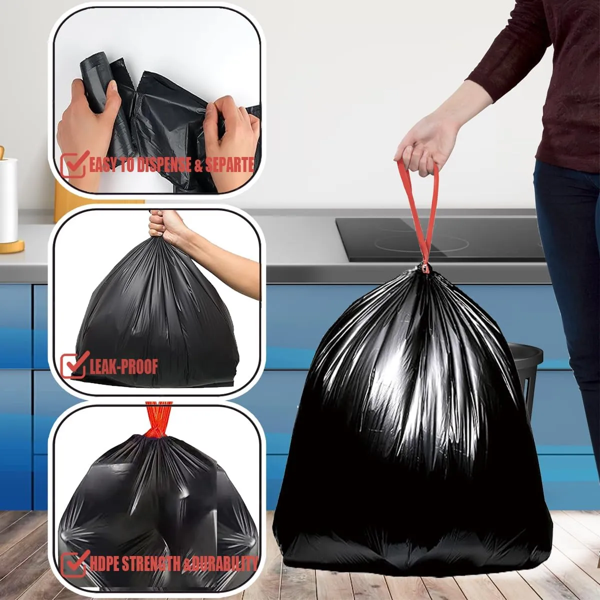 13 Gallon Trash Bags Drawstring, 500 Count Bulk Value Pack, Black & Unscented Garbage Bags, Multi-purpose Tall Kitchen Trash Bags Can Liners for Business Home Commercial and Industrial
