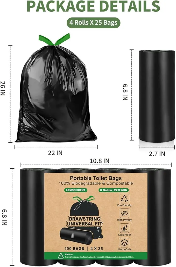 15 Portable Camping Toilet Bags Drawstring, 8 Gal Compost Portable Toilet Bags for Camping Potty Adults, Outdoor Waste Toilet Bag for 5 Gallon Bucket Toilet Camping Bathroom Travel Backpacking
