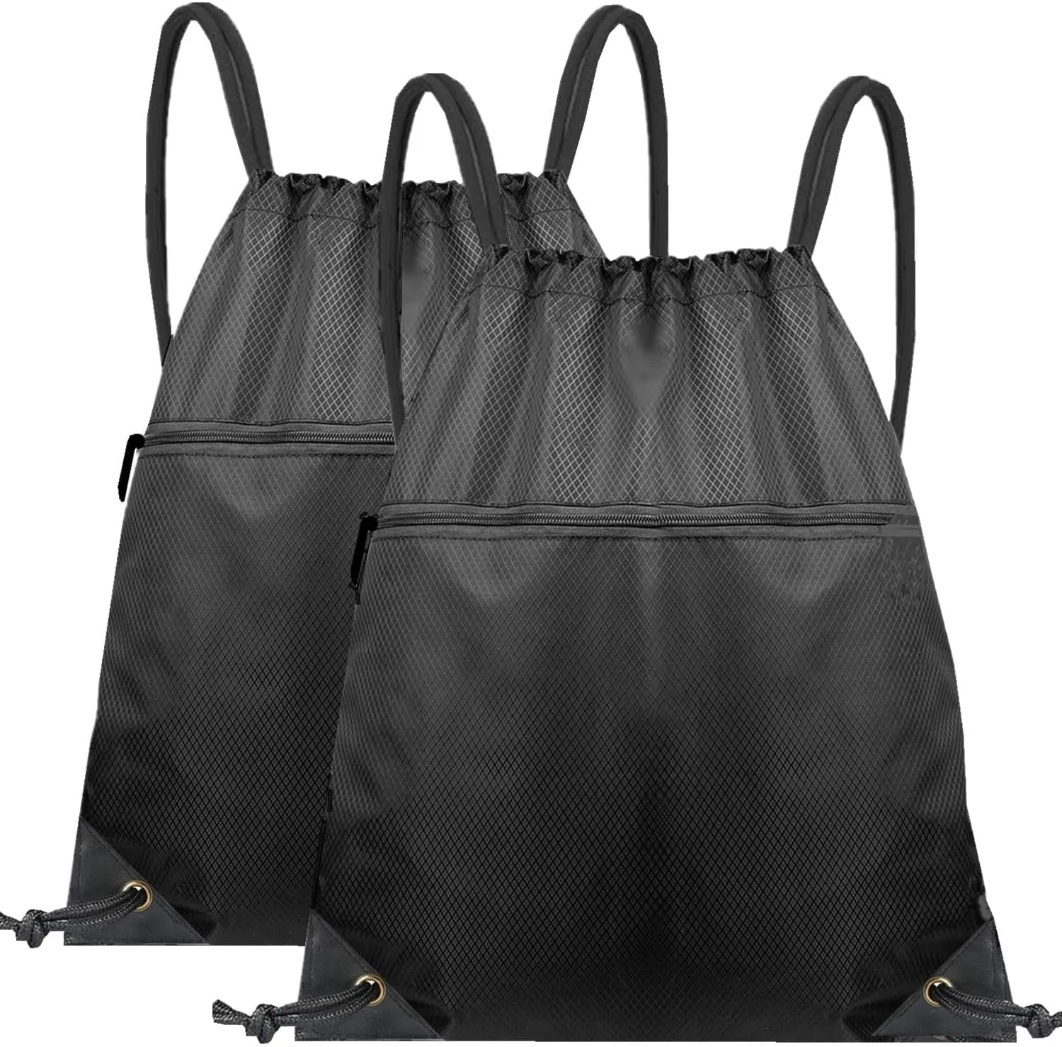 2 Pack Drawstring Backpack Bag, Waterproof Gym Drawstring Bags, Draw String Back Pack with Pockets, Cinch Bags Drawstring with Zipper, Travel Beach Bag for Men Women Gym Sports (Black)