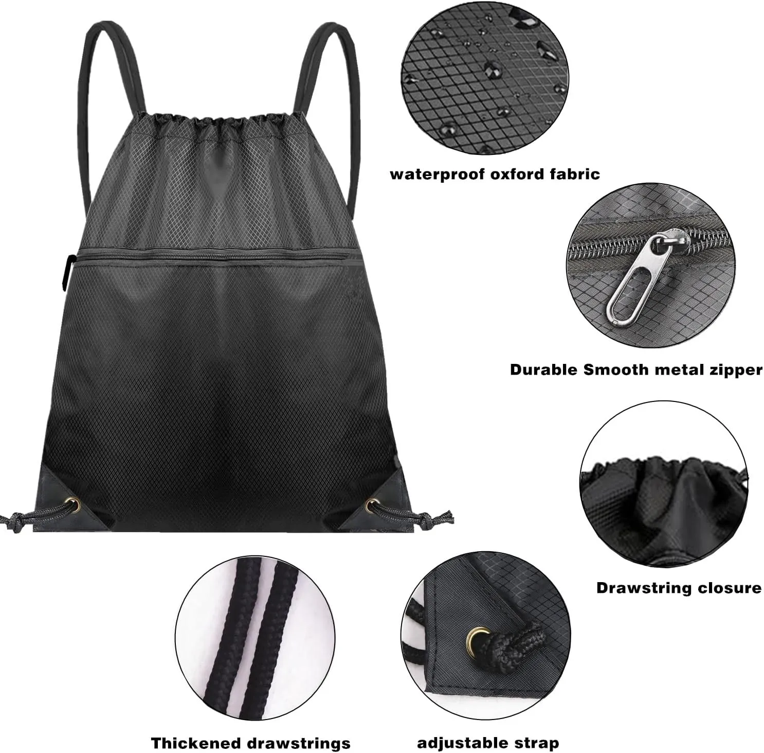 2 Pack Drawstring Backpack Bag, Waterproof Gym Drawstring Bags, Draw String Back Pack with Pockets, Cinch Bags Drawstring with Zipper, Travel Beach Bag for Men Women Gym Sports (Black)