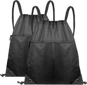 2 Pack Drawstring Backpack Bag, Waterproof Gym Drawstring Bags, Draw String Back Pack with Pockets, Cinch Bags Drawstring with Zipper, Travel Beach Bag for Men Women Gym Sports (Black)
