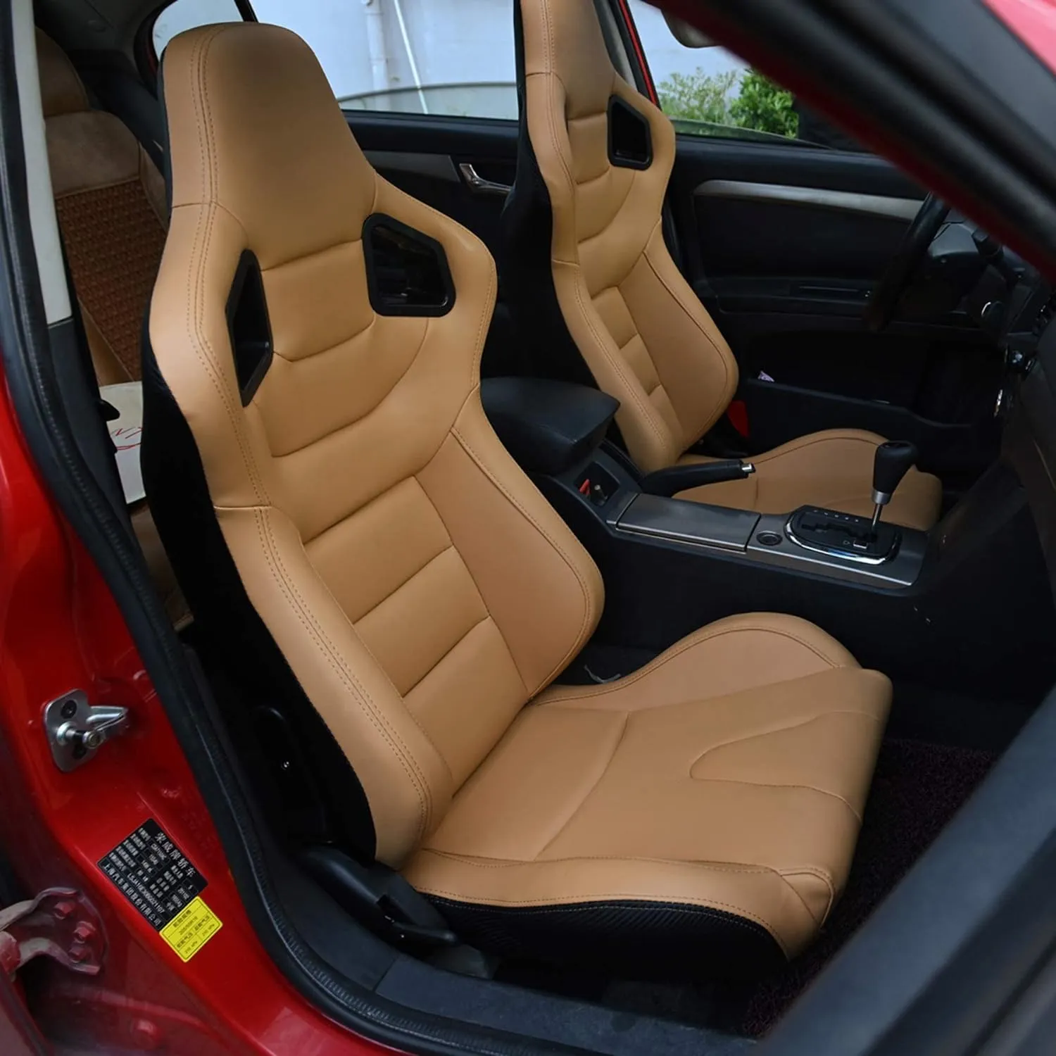 2 Pack Racing Seats, Universal PVC Leather Bucket Seats Sport Pair Adjustable Seats with Sliders (Black & Beige/Tan Brown)