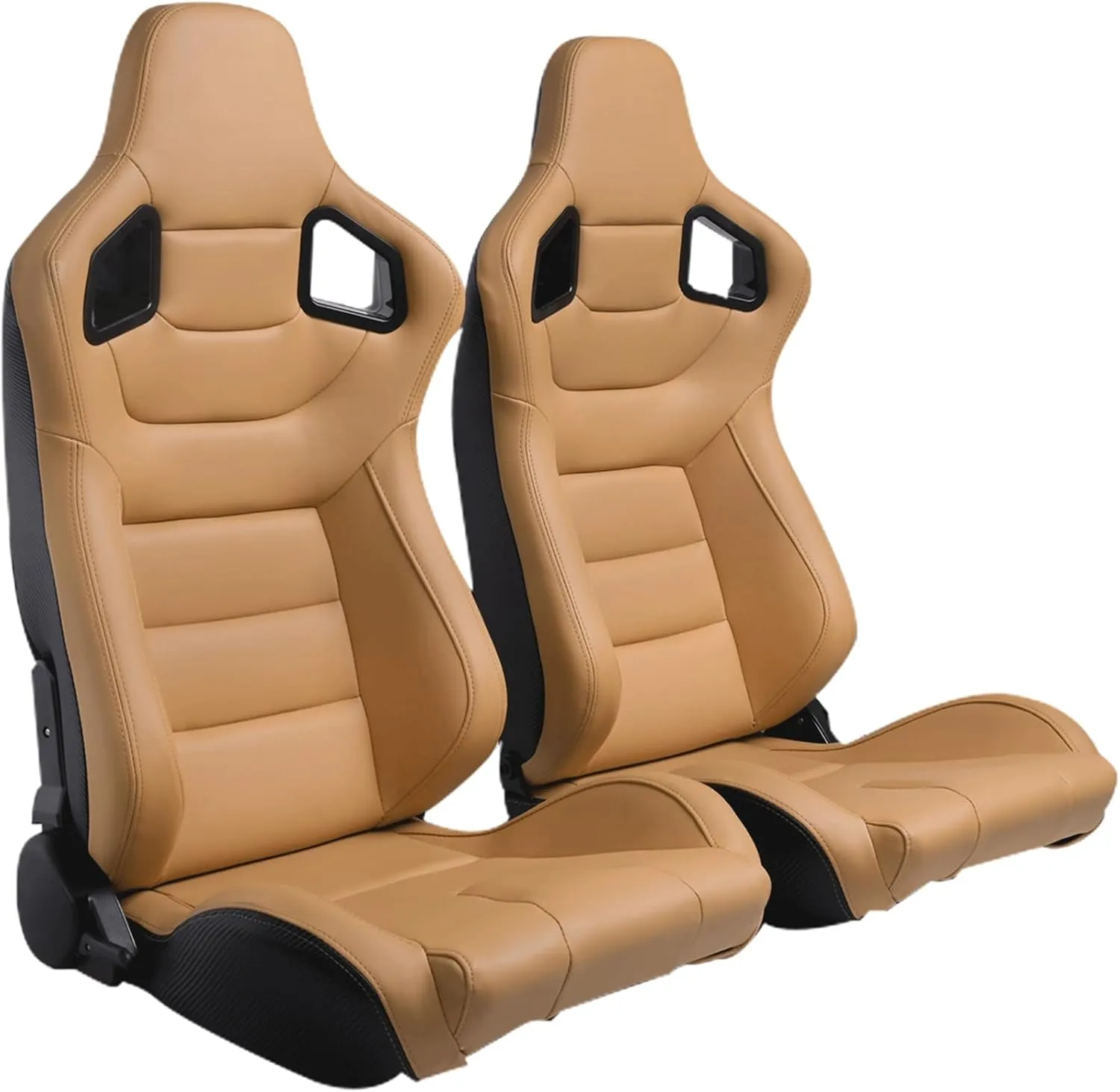 2 Pack Racing Seats, Universal PVC Leather Bucket Seats Sport Pair Adjustable Seats with Sliders (Black & Beige/Tan Brown)