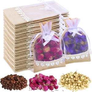 24 Pieces 4 x 6 Inch Rose Drawstring Burlap Bags Linen Organza Lace Bags Drawstring Party Favor Jewelry Pouches Sacks for Wedding Party Bridal Shower DIY Craft