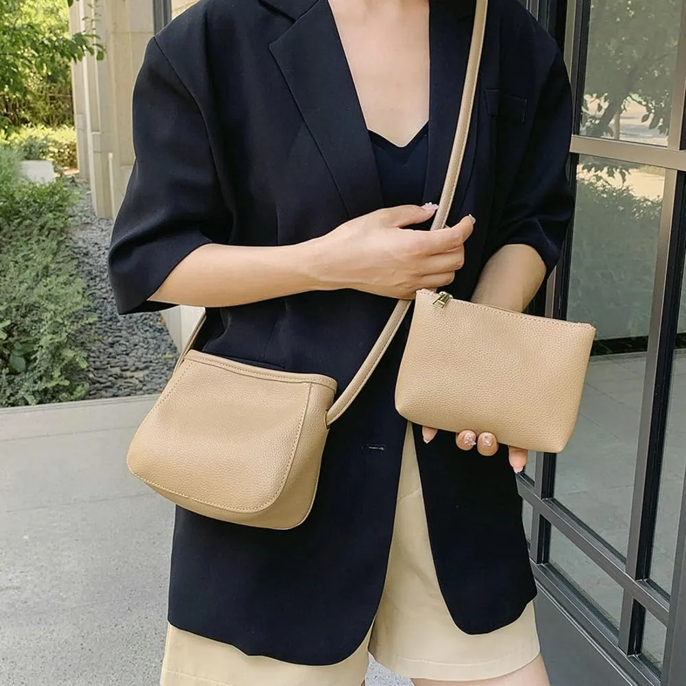 2PCS Bucket Bags Women 2025 Trendy Leather Shoulder Crossbody Bag Satchel Tote Handbags Casual Phone Purse