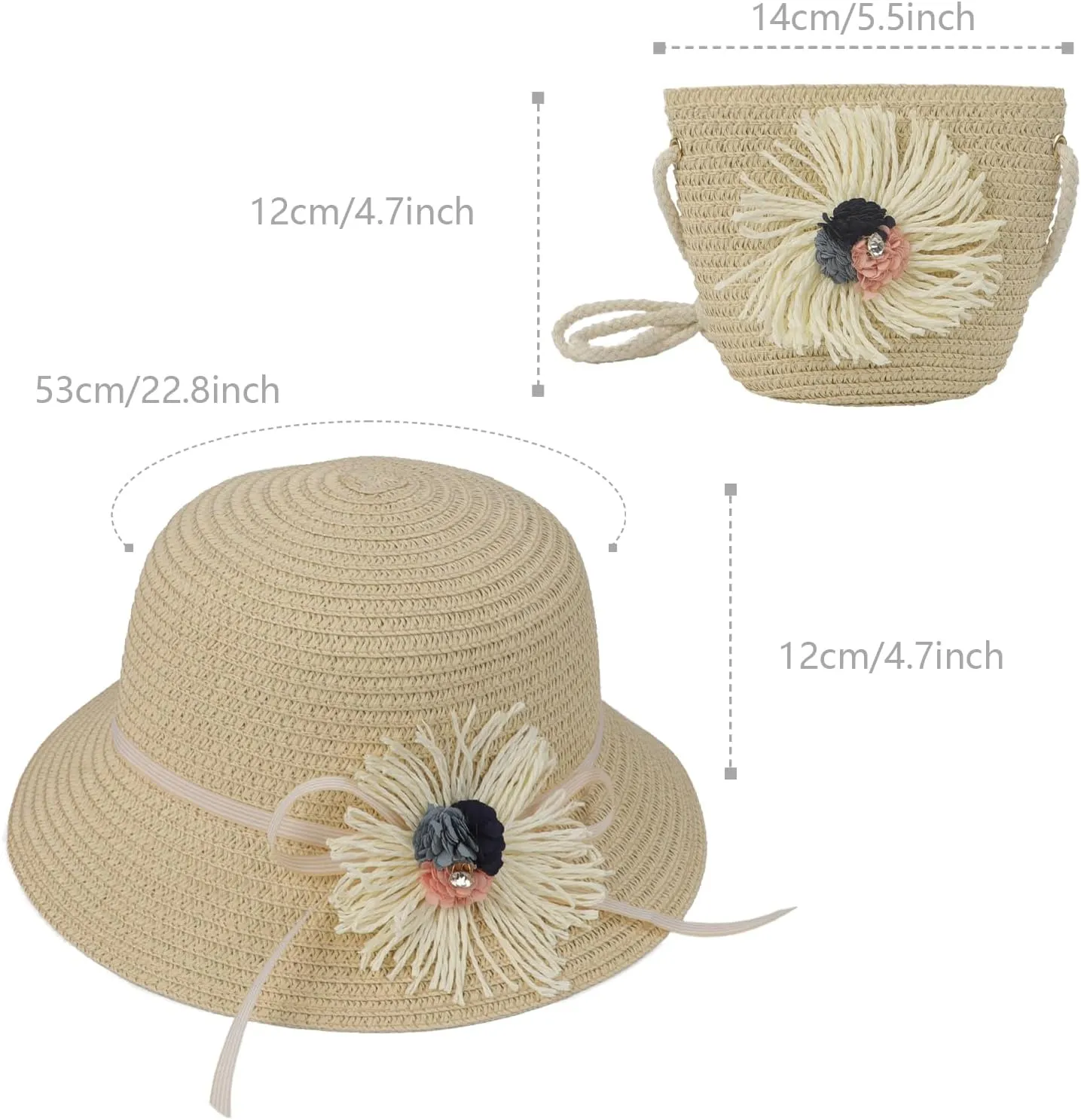 2pcs Girls Sun Hat with Shoulder Bag Set Large Brim Beach Straw Hat Purse UPF50  Cute Lace Travel Party Summer Cap