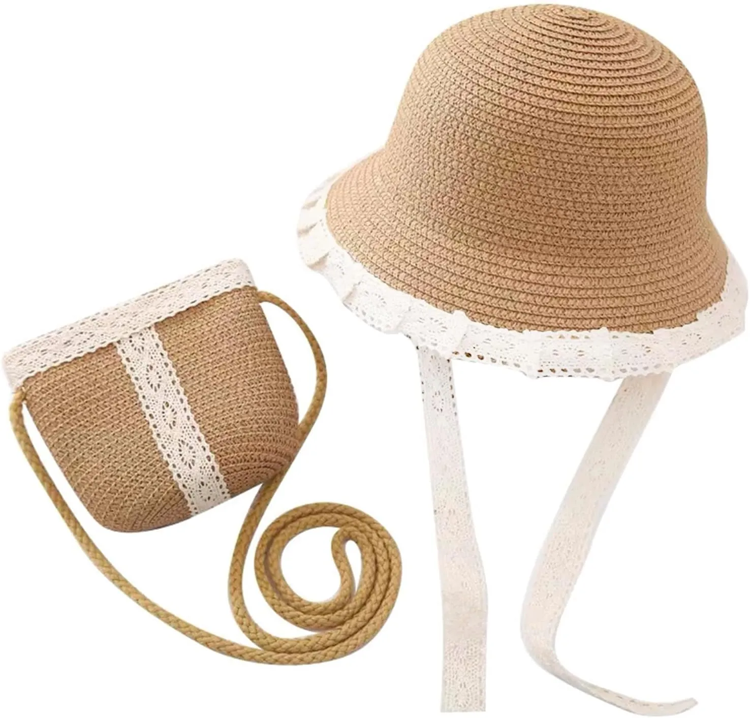 2pcs Girls Sun Hat with Shoulder Bag Set Large Brim Beach Straw Hat Purse UPF50  Cute Lace Travel Party Summer Cap