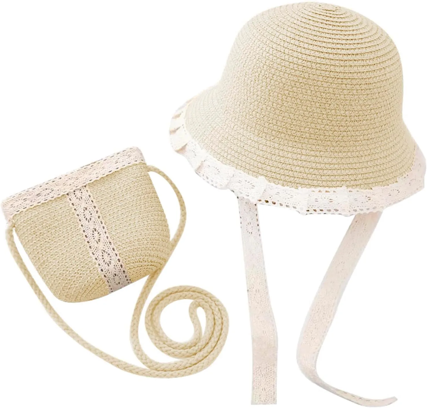 2pcs Girls Sun Hat with Shoulder Bag Set Large Brim Beach Straw Hat Purse UPF50  Cute Lace Travel Party Summer Cap