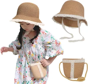 2pcs Girls Sun Hat with Shoulder Bag Set Large Brim Beach Straw Hat Purse UPF50  Cute Lace Travel Party Summer Cap