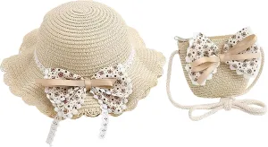 2pcs Girls Sun Hat with Shoulder Bag Set Large Brim Beach Straw Hat Purse UPF50  Cute Lace Travel Party Summer Cap
