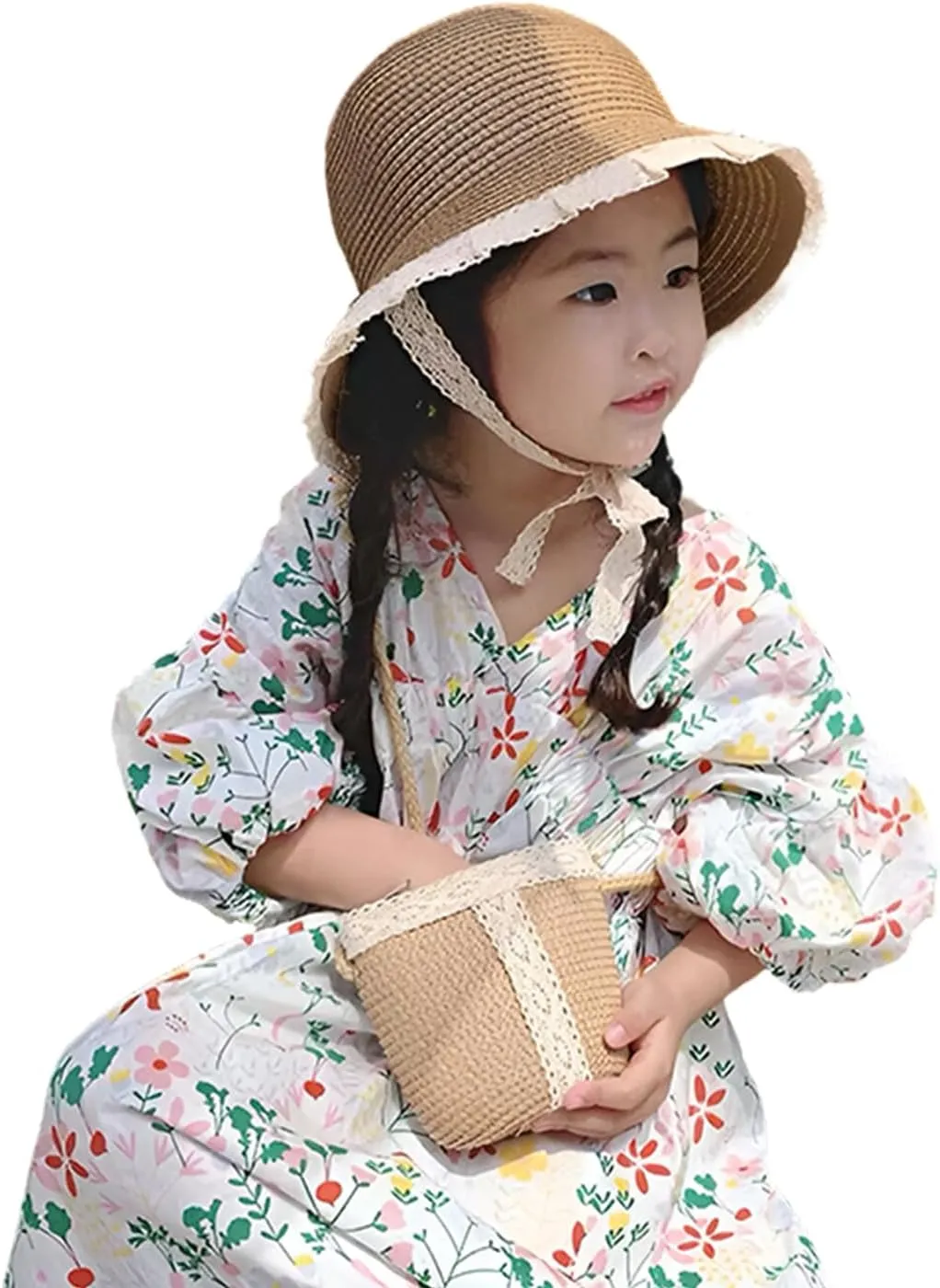 2pcs Girls Sun Hat with Shoulder Bag Set Large Brim Beach Straw Hat Purse UPF50  Cute Lace Travel Party Summer Cap