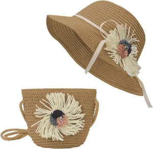 2pcs Girls Sun Hat with Shoulder Bag Set Large Brim Beach Straw Hat Purse UPF50  Cute Lace Travel Party Summer Cap