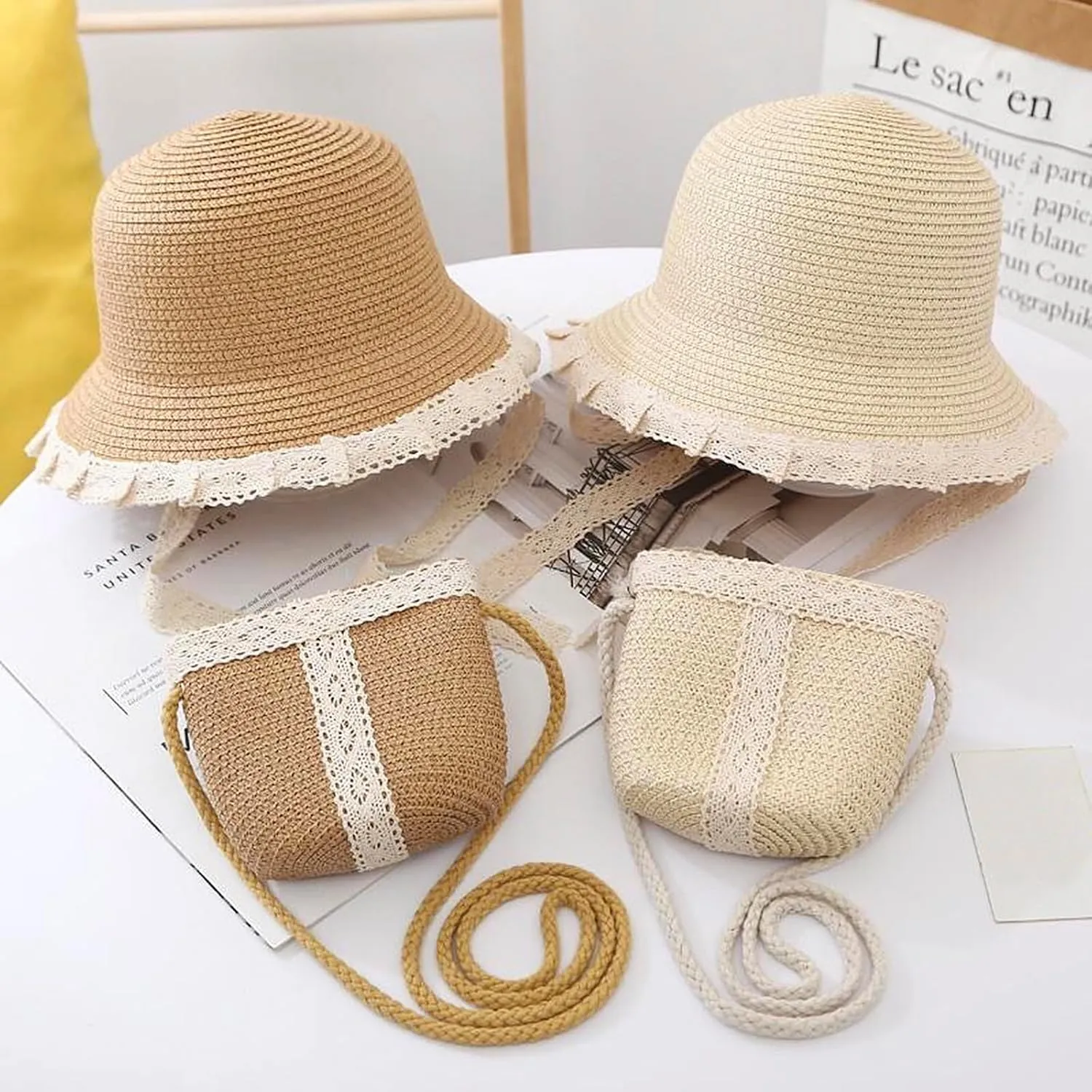 2pcs Girls Sun Hat with Shoulder Bag Set Large Brim Beach Straw Hat Purse UPF50  Cute Lace Travel Party Summer Cap