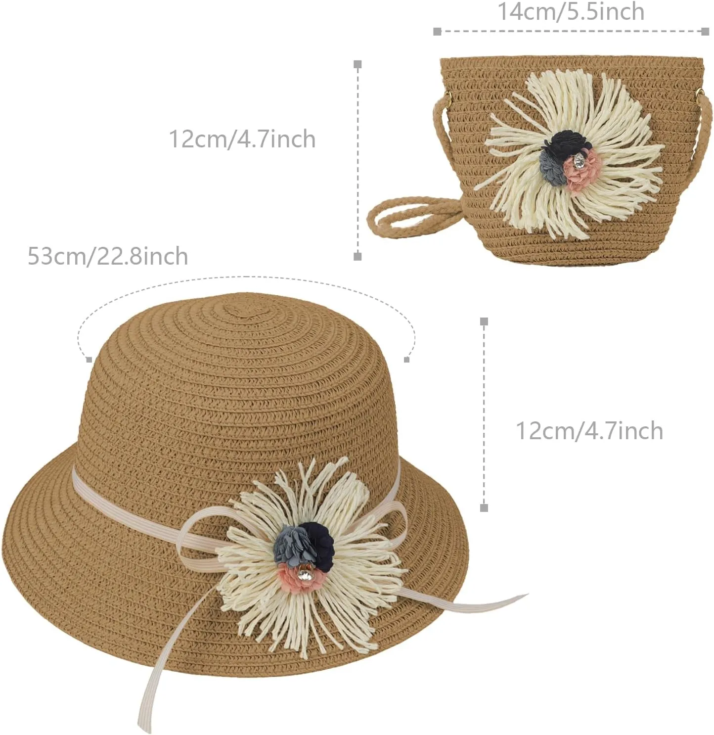 2pcs Girls Sun Hat with Shoulder Bag Set Large Brim Beach Straw Hat Purse UPF50  Cute Lace Travel Party Summer Cap