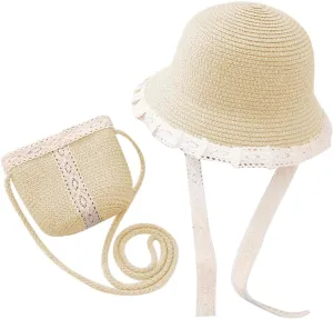 2pcs Girls Sun Hat with Shoulder Bag Set Large Brim Beach Straw Hat Purse UPF50  Cute Lace Travel Party Summer Cap