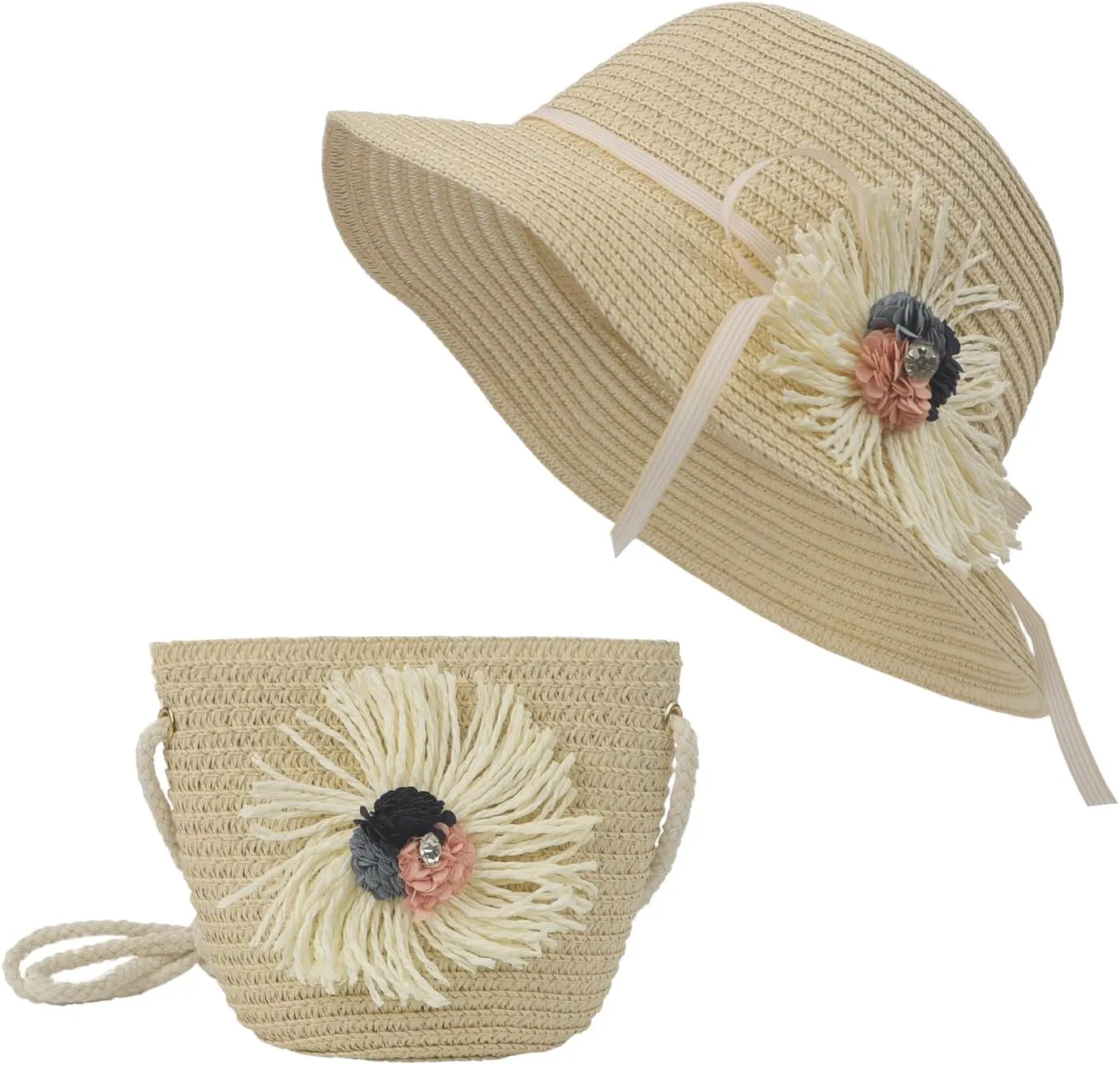 2pcs Girls Sun Hat with Shoulder Bag Set Large Brim Beach Straw Hat Purse UPF50  Cute Lace Travel Party Summer Cap