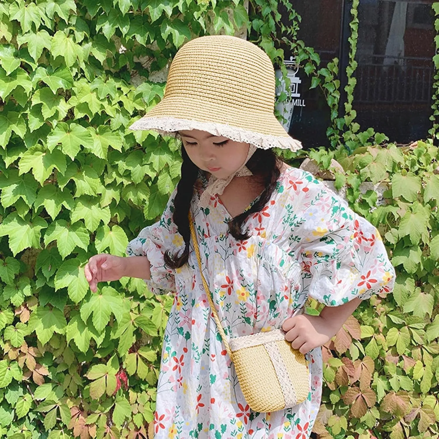 2pcs Girls Sun Hat with Shoulder Bag Set Large Brim Beach Straw Hat Purse UPF50  Cute Lace Travel Party Summer Cap