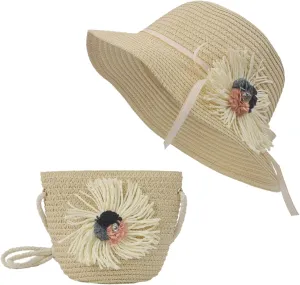 2pcs Girls Sun Hat with Shoulder Bag Set Large Brim Beach Straw Hat Purse UPF50  Cute Lace Travel Party Summer Cap