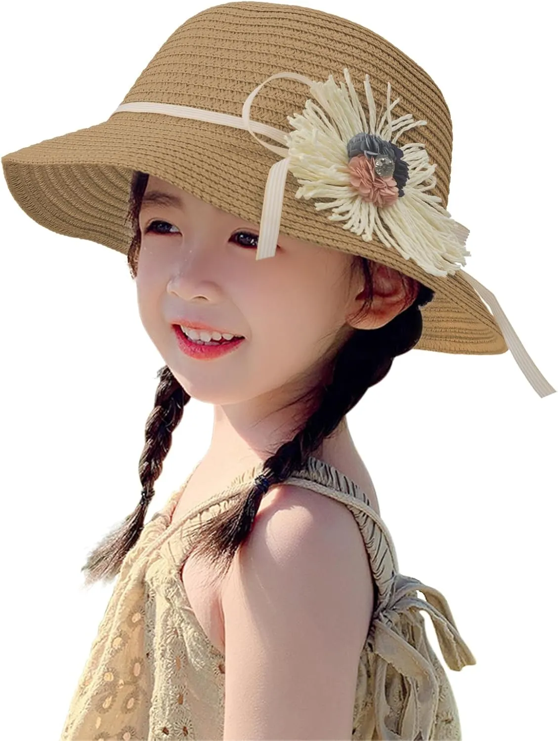 2pcs Girls Sun Hat with Shoulder Bag Set Large Brim Beach Straw Hat Purse UPF50  Cute Lace Travel Party Summer Cap