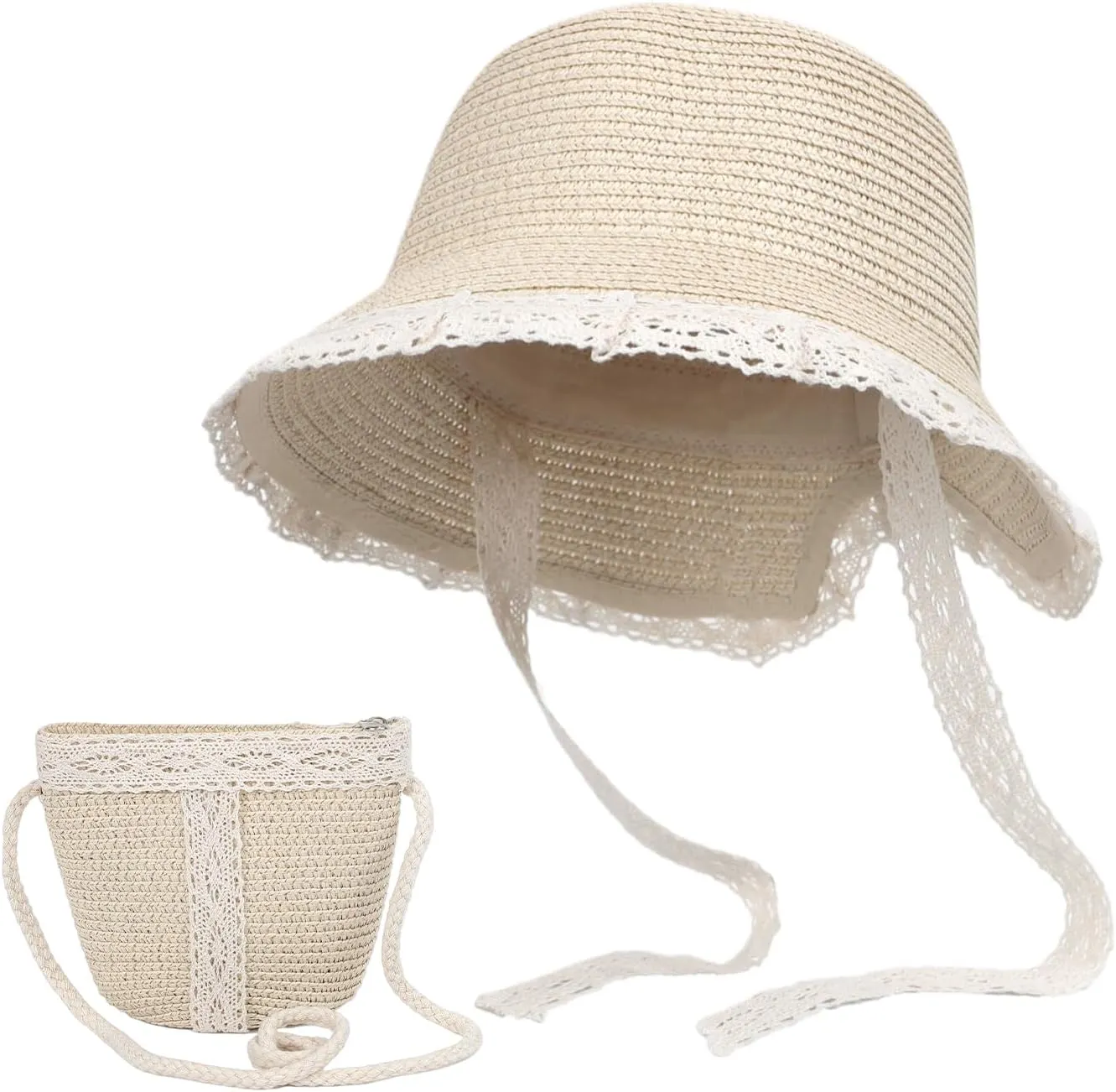 2pcs Girls Sun Hat with Shoulder Bag Set Large Brim Beach Straw Hat Purse UPF50  Cute Lace Travel Party Summer Cap