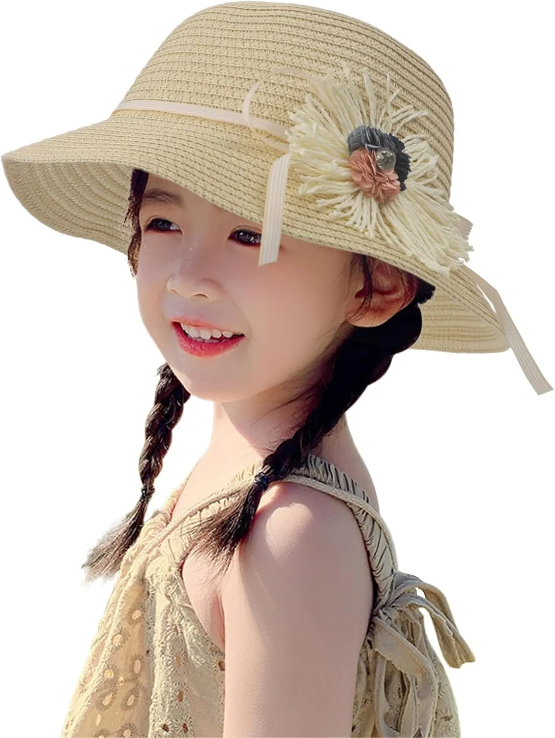 2pcs Girls Sun Hat with Shoulder Bag Set Large Brim Beach Straw Hat Purse UPF50  Cute Lace Travel Party Summer Cap