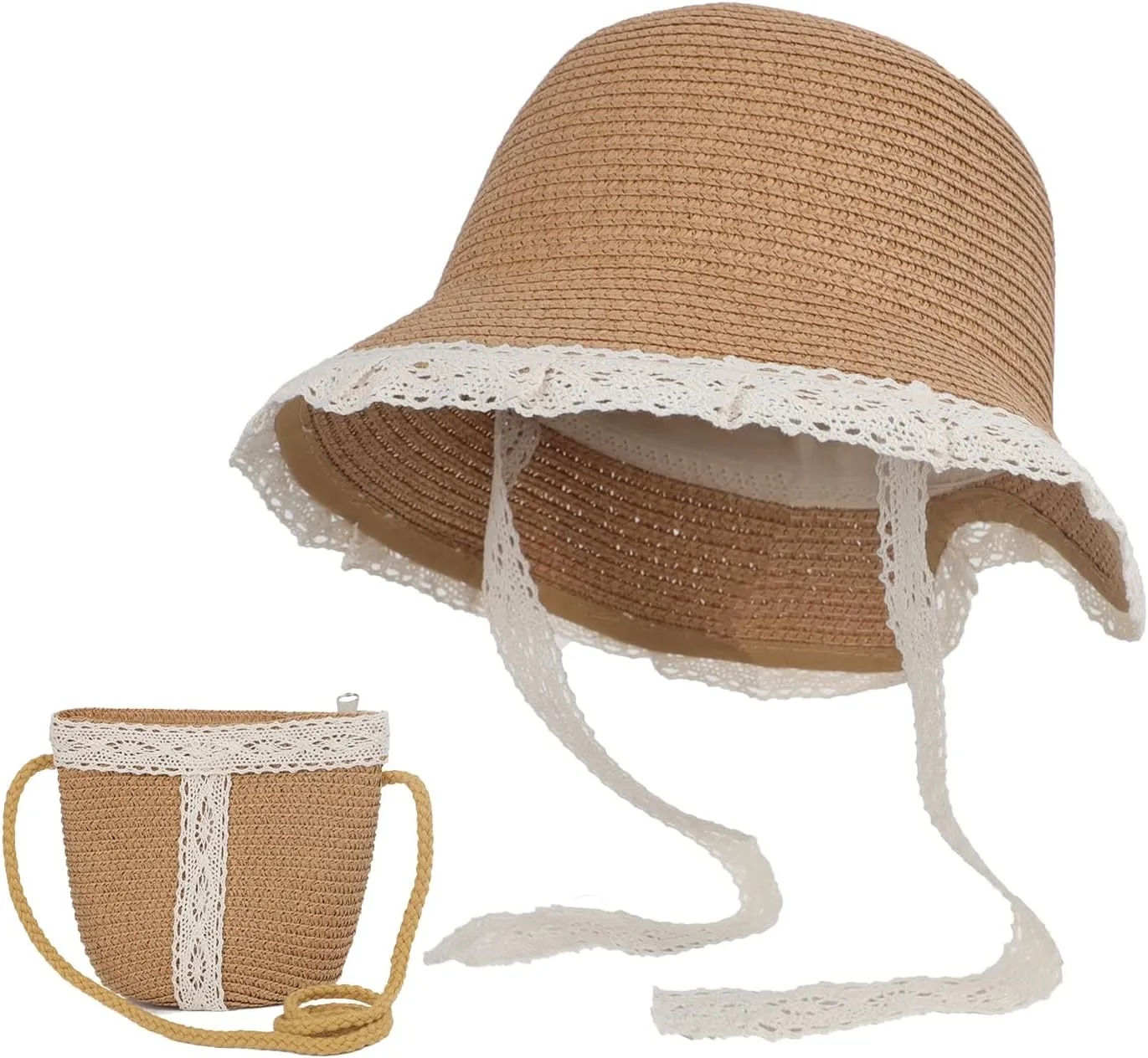 2pcs Girls Sun Hat with Shoulder Bag Set Large Brim Beach Straw Hat Purse UPF50  Cute Lace Travel Party Summer Cap