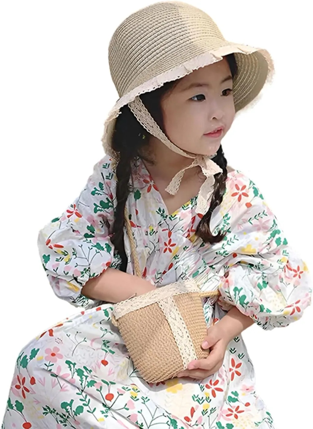 2pcs Girls Sun Hat with Shoulder Bag Set Large Brim Beach Straw Hat Purse UPF50  Cute Lace Travel Party Summer Cap
