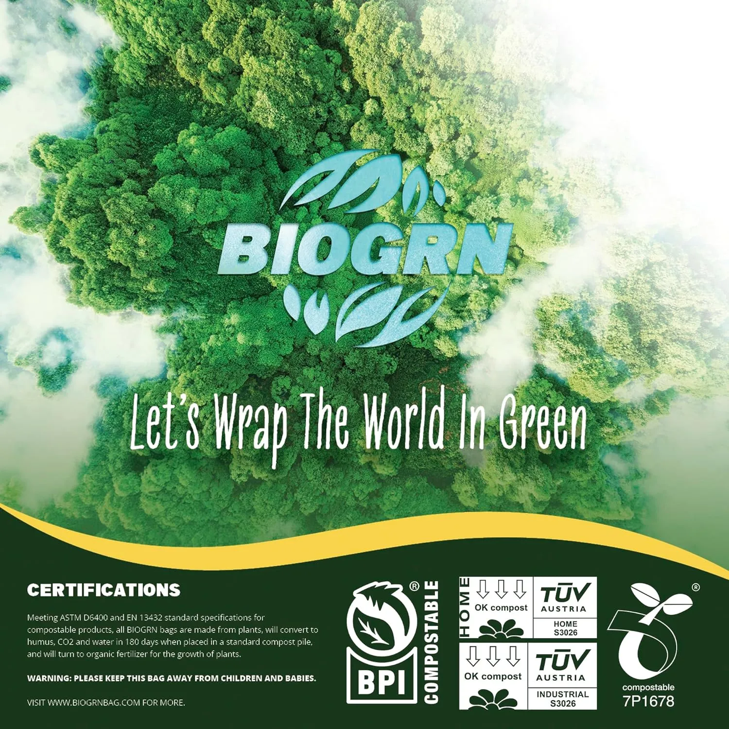 3 Gallon Compostable Trash Bags Drawstring, Heavy Duty Extra Thick 1 Mil, 11.36 Liter, 50 Bags, Small Kitchen Food Scrap Waste Bag, ASTM D6400, US BPI and OK Compost Home Certified