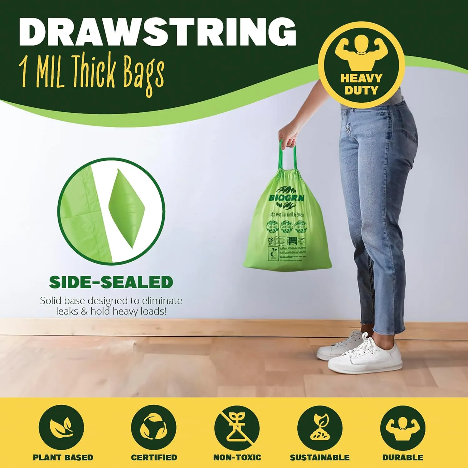 3 Gallon Compostable Trash Bags Drawstring, Heavy Duty Extra Thick 1 Mil, 11.36 Liter, 50 Bags, Small Kitchen Food Scrap Waste Bag, ASTM D6400, US BPI and OK Compost Home Certified