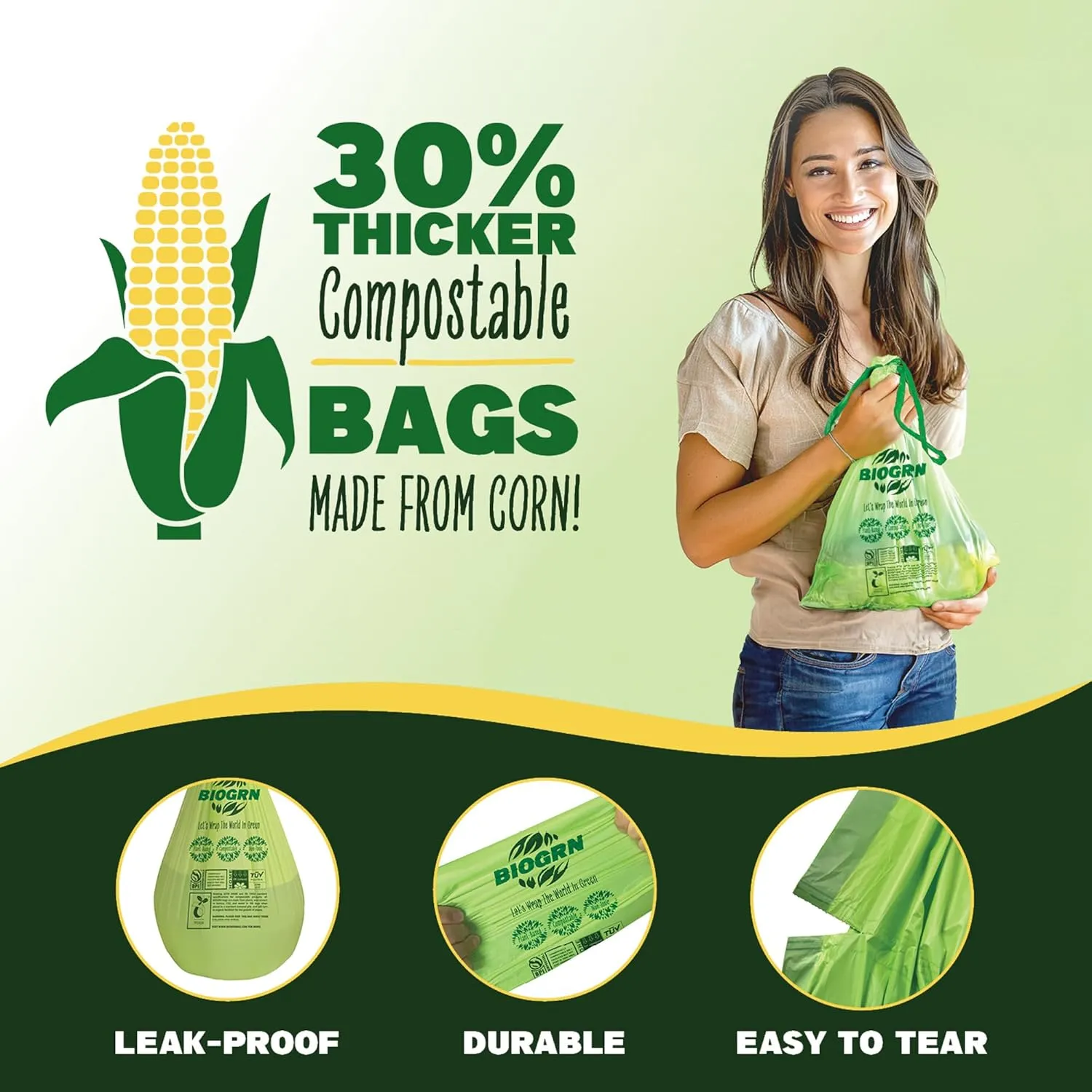 3 Gallon Compostable Trash Bags Drawstring, Heavy Duty Extra Thick 1 Mil, 11.36 Liter, 50 Bags, Small Kitchen Food Scrap Waste Bag, ASTM D6400, US BPI and OK Compost Home Certified