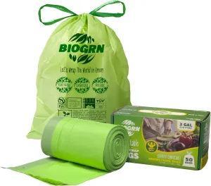 3 Gallon Compostable Trash Bags Drawstring, Heavy Duty Extra Thick 1 Mil, 11.36 Liter, 50 Bags, Small Kitchen Food Scrap Waste Bag, ASTM D6400, US BPI and OK Compost Home Certified