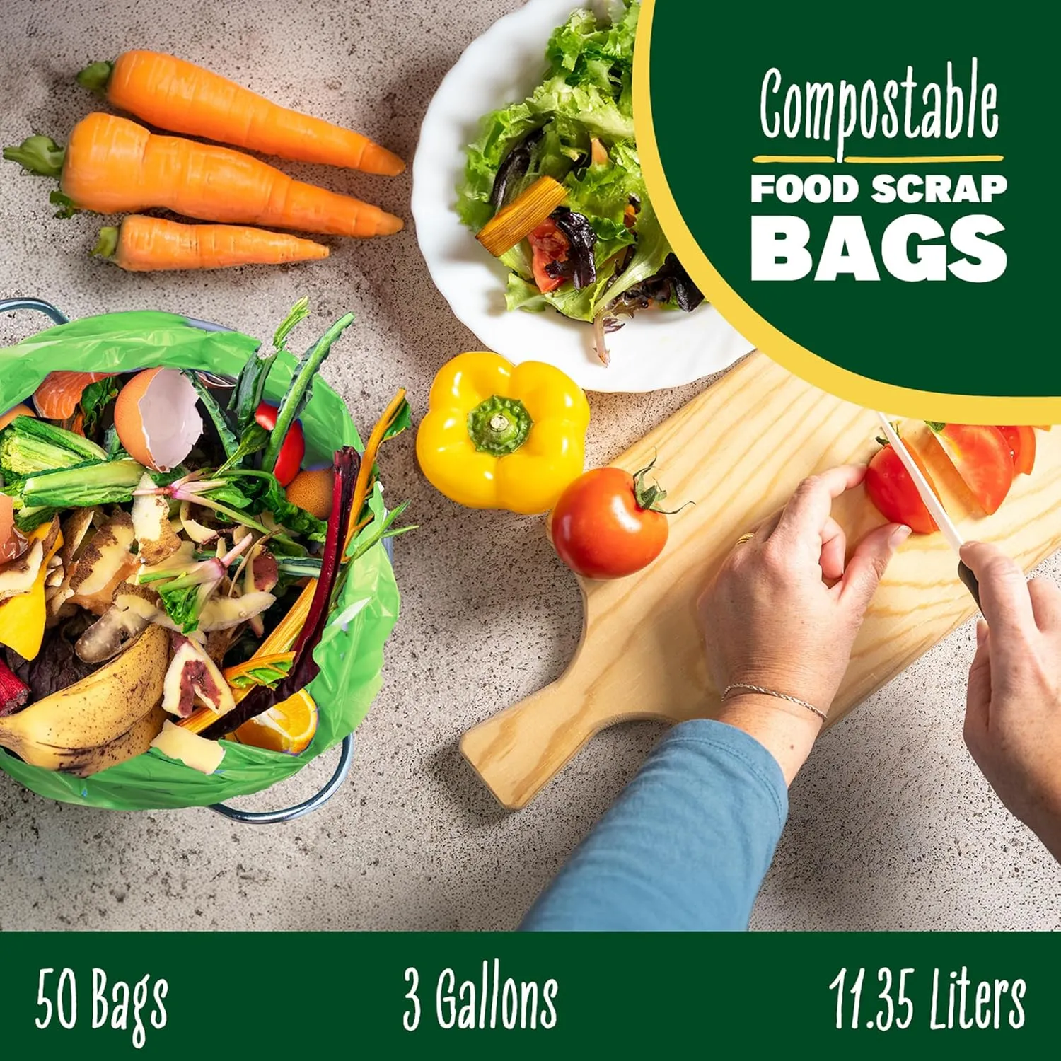 3 Gallon Compostable Trash Bags Drawstring, Heavy Duty Extra Thick 1 Mil, 11.36 Liter, 50 Bags, Small Kitchen Food Scrap Waste Bag, ASTM D6400, US BPI and OK Compost Home Certified