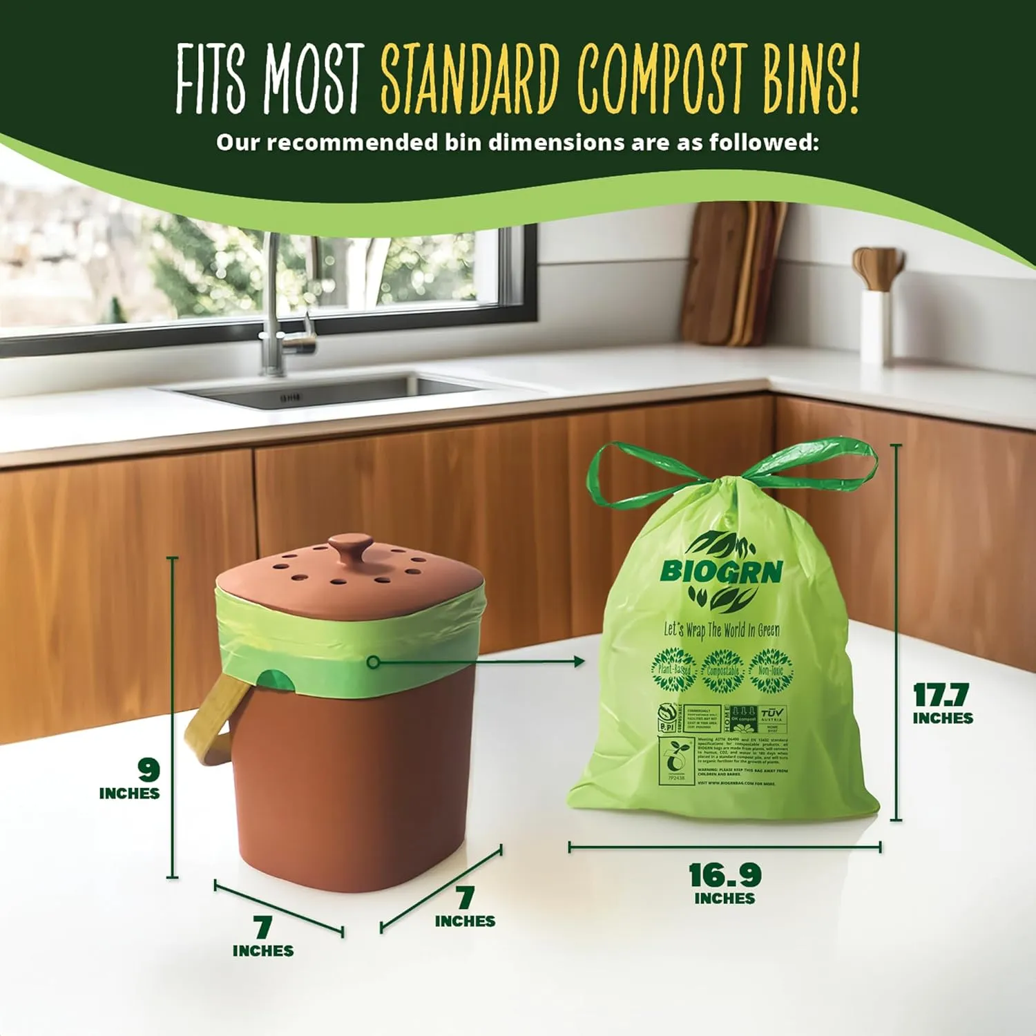 3 Gallon Compostable Trash Bags Drawstring, Heavy Duty Extra Thick 1 Mil, 11.36 Liter, 50 Bags, Small Kitchen Food Scrap Waste Bag, ASTM D6400, US BPI and OK Compost Home Certified