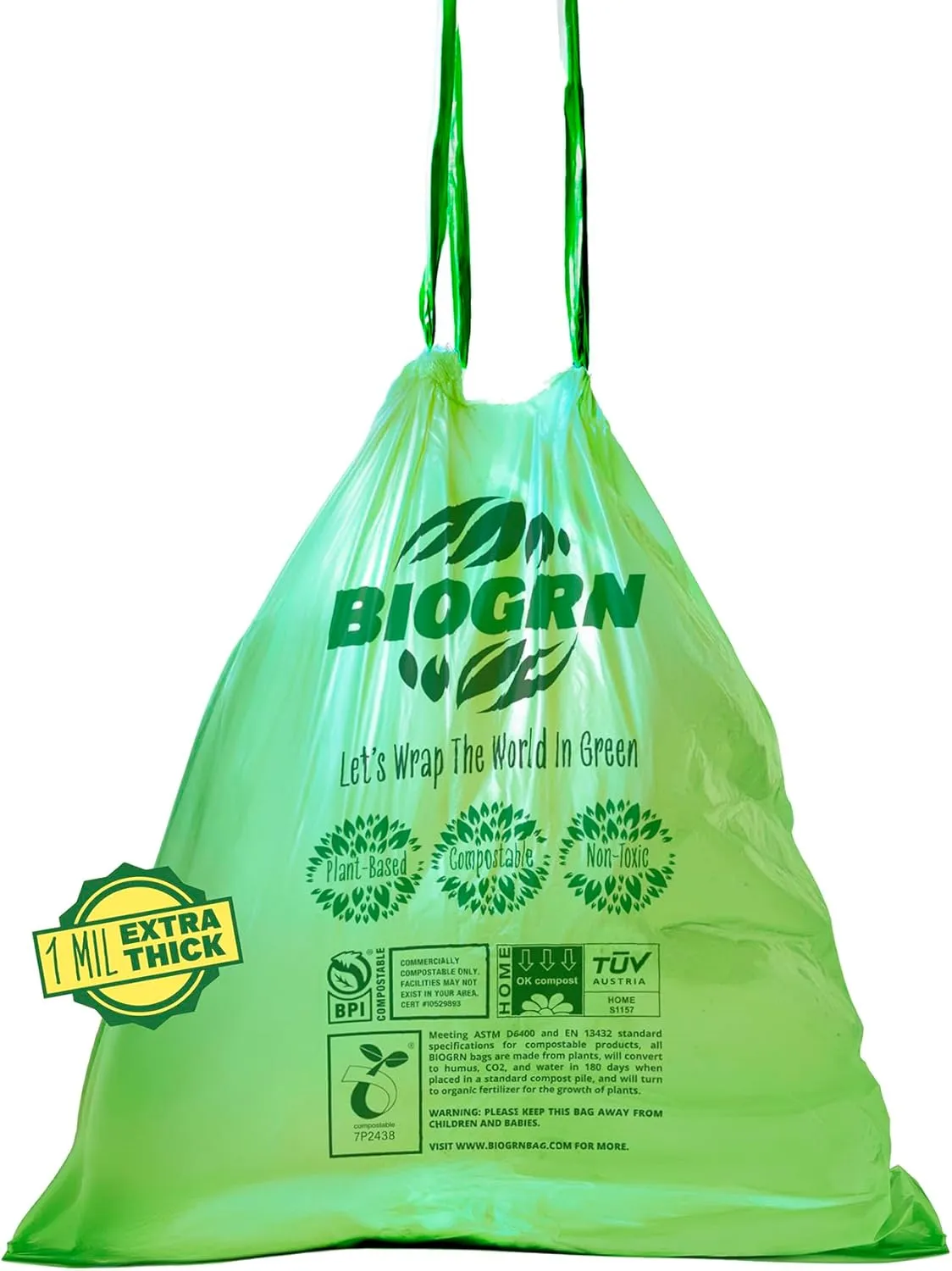 3 Gallon Compostable Trash Bags Drawstring, Heavy Duty Extra Thick 1 Mil, 11.36 Liter, 50 Bags, Small Kitchen Food Scrap Waste Bag, ASTM D6400, US BPI and OK Compost Home Certified