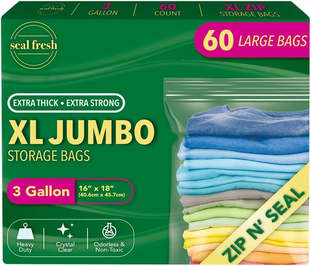 3 Gallon Large Plastic Storage Bags – 16" x 18" (60 Count) – Reusuable XXL Extra Large Heavy Duty Clear Jumbo Freezer Zip Bags with Sealable Zipper Top For Clothes, Travel, Moving