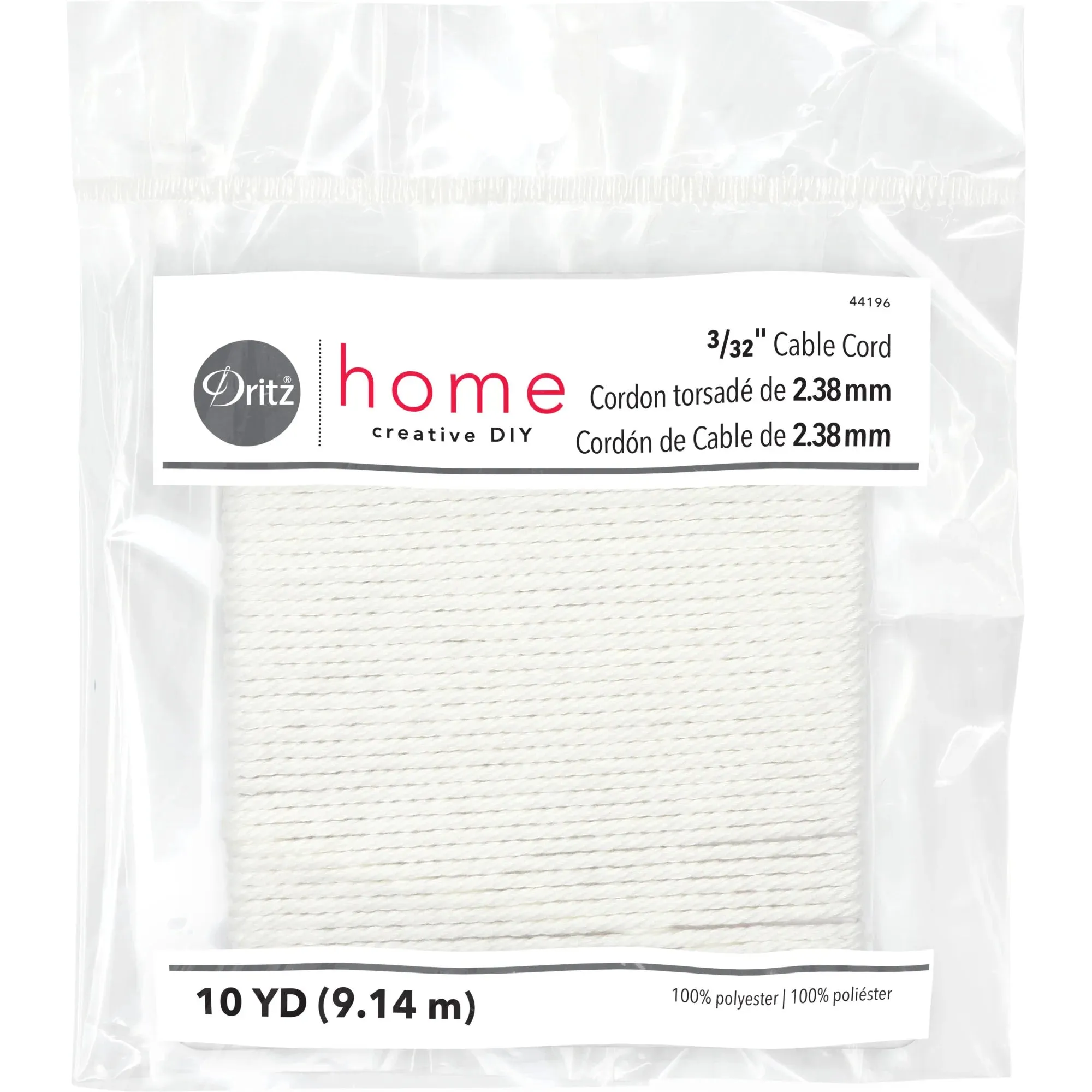 3/32" (2.38mm)  Piping/Cable Cord, White, 10 yd